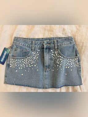Penningtons Light Blue Denim Mini Skirt with Rhinestone Accents
